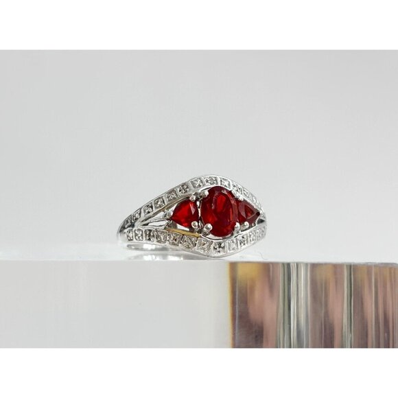 Art Deco Garnet Oval Cut Multi Gemstone Tapered Shank Sterling Silver Ring sz 8 - Picture 5 of 9